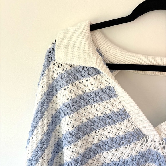 Anthropologie Maeve Grace Blue White Stripe Collared Short Sleeve Knit Sweater - Picture 6 of 14